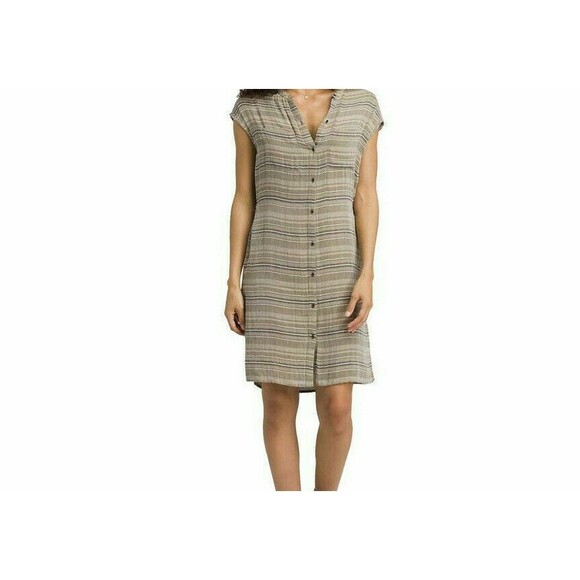 New Womens NWT PrAna M Buenos Dias Dress Buttons Cargo Green Brown Organic Strip - Picture 1 of 8
